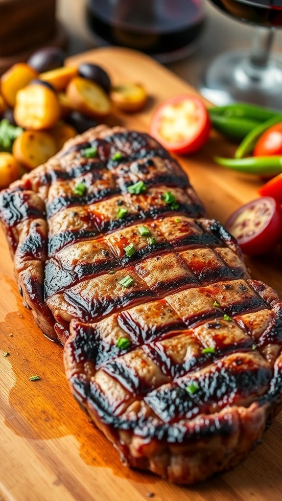 Juicy air fryer steak with grill marks, garnished with herbs, served with roasted vegetables.